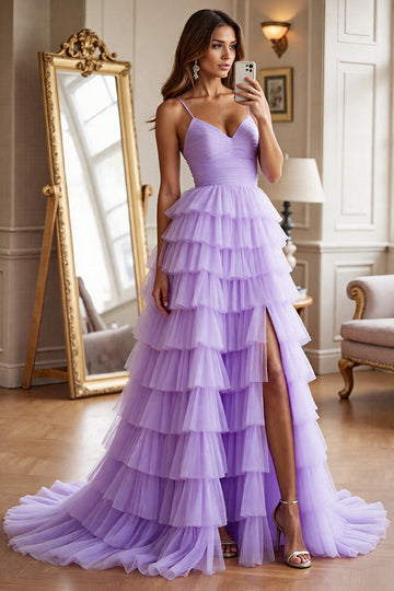 Purple A Line Tiered Long Prom Dress With Slit